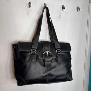 Franklin Covey Black Leather Tote with Silver Hardware